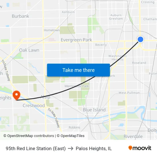95th Red Line Station (East) to Palos Heights, IL map