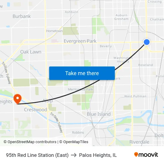 95th Red Line Station (East) to Palos Heights, IL map