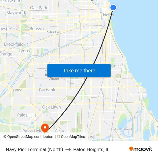 Navy Pier Terminal (North) to Palos Heights, IL map