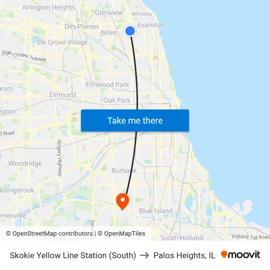 Skokie Yellow Line Station (South) to Palos Heights, IL map