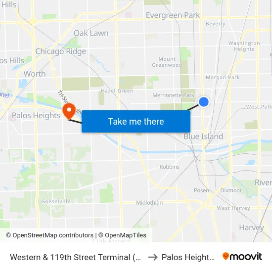 Western & 119th Street Terminal (West) to Palos Heights, IL map