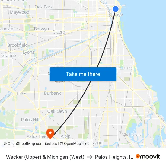Wacker (Upper) & Michigan (West) to Palos Heights, IL map