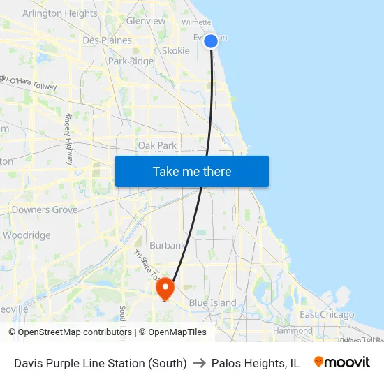 Davis Purple Line Station (South) to Palos Heights, IL map