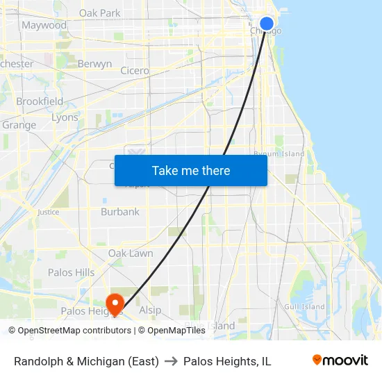 Randolph & Michigan (East) to Palos Heights, IL map