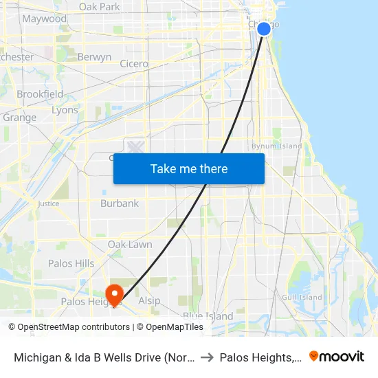 Michigan & Ida B Wells Drive (North) to Palos Heights, IL map