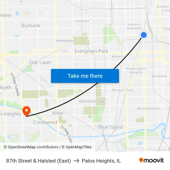87th Street & Halsted (East) to Palos Heights, IL map
