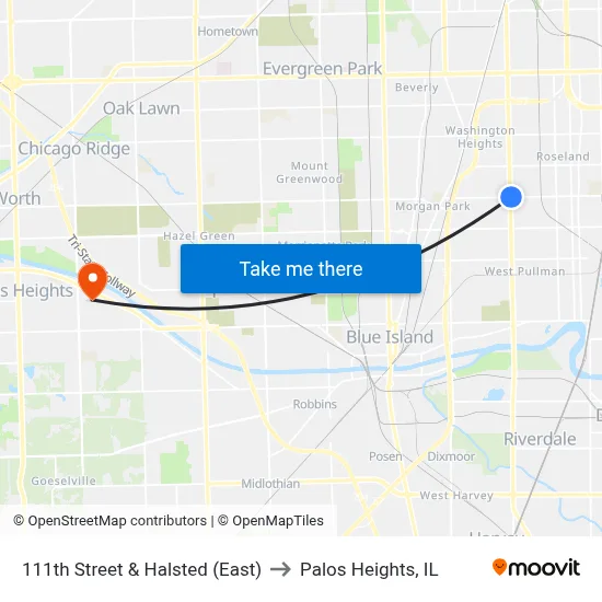 111th Street & Halsted (East) to Palos Heights, IL map