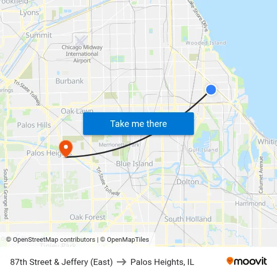 87th Street & Jeffery (East) to Palos Heights, IL map