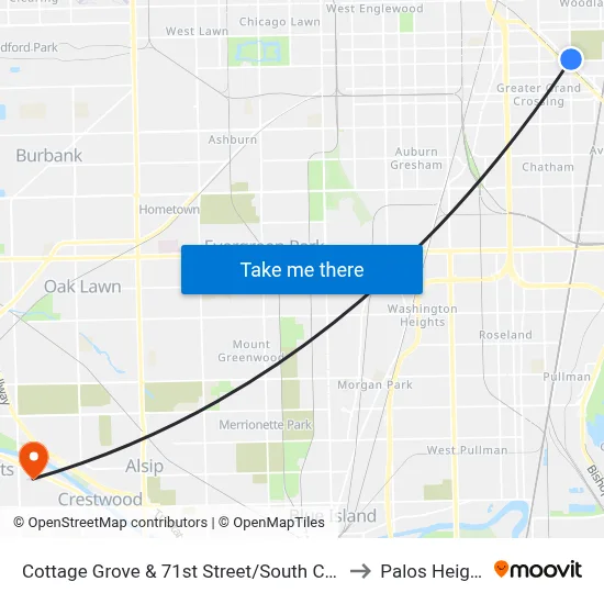 Cottage Grove & 71st Street/South Chicago (North) to Palos Heights, IL map