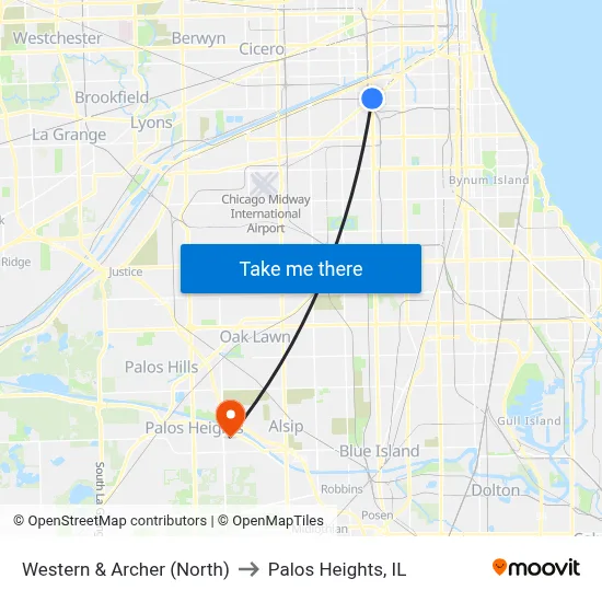Western & Archer (North) to Palos Heights, IL map