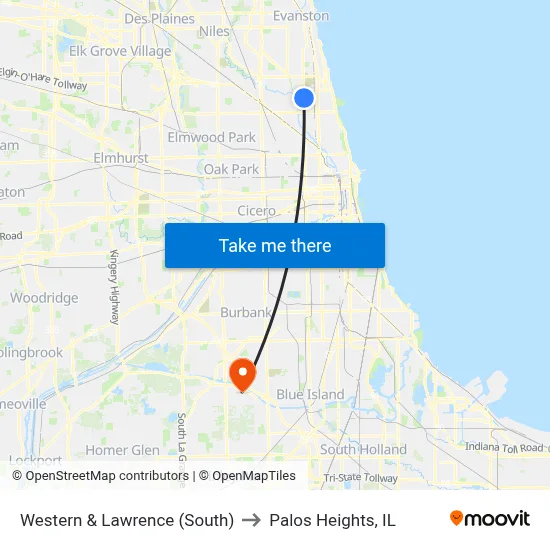 Western & Lawrence (South) to Palos Heights, IL map