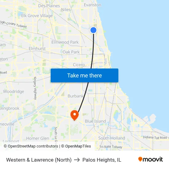 Western & Lawrence (North) to Palos Heights, IL map