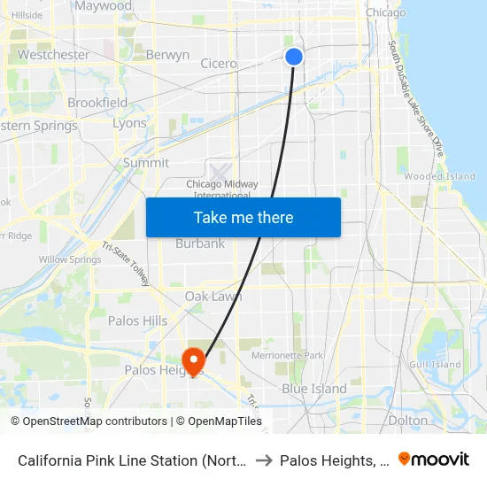 California Pink Line Station (North) to Palos Heights, IL map