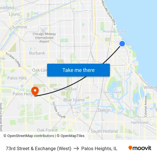 73rd Street & Exchange (West) to Palos Heights, IL map