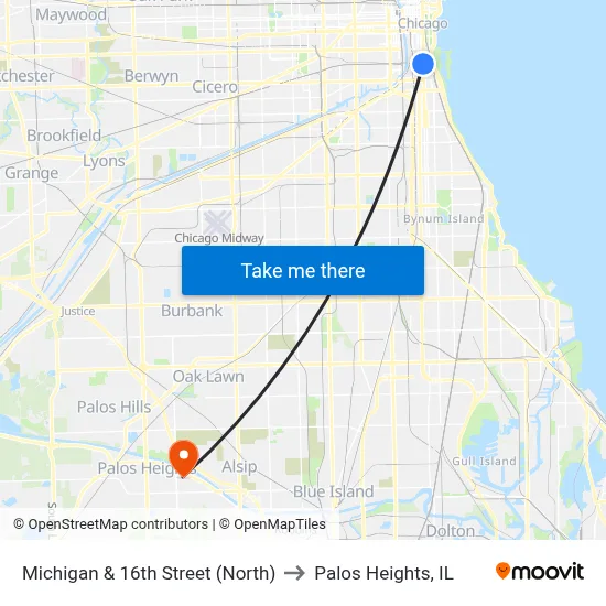 Michigan & 16th Street (North) to Palos Heights, IL map