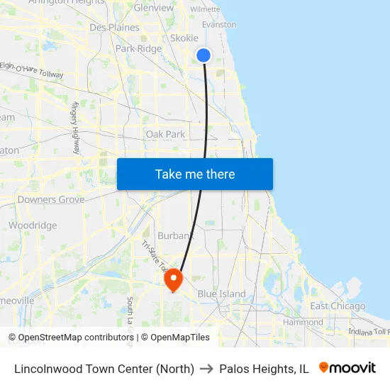 Lincolnwood Town Center (North) to Palos Heights, IL map