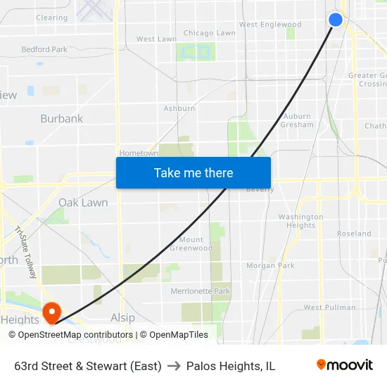 63rd Street & Stewart (East) to Palos Heights, IL map