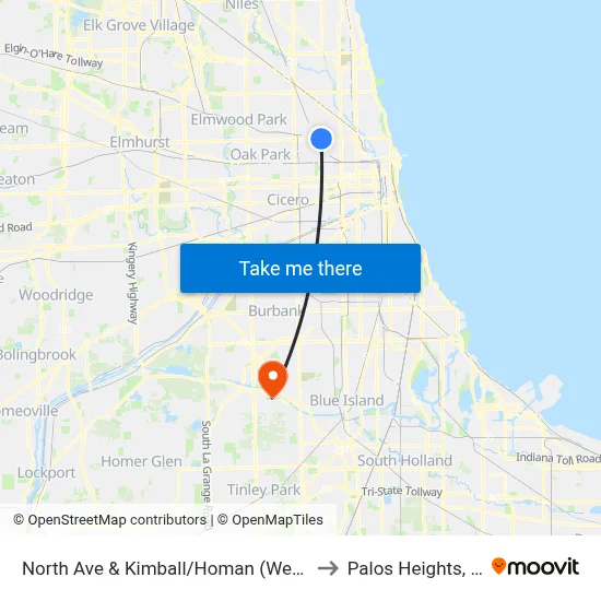 North Ave & Kimball/Homan (West) to Palos Heights, IL map