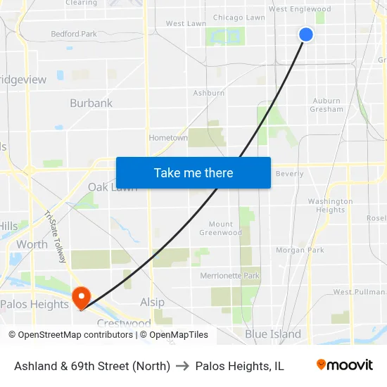 Ashland & 69th Street (North) to Palos Heights, IL map