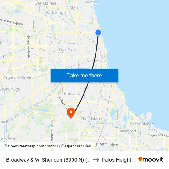 Broadway & W. Sheridan (3900 N) (South) to Palos Heights, IL map