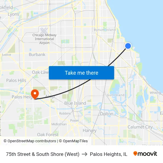 75th Street & South Shore (West) to Palos Heights, IL map