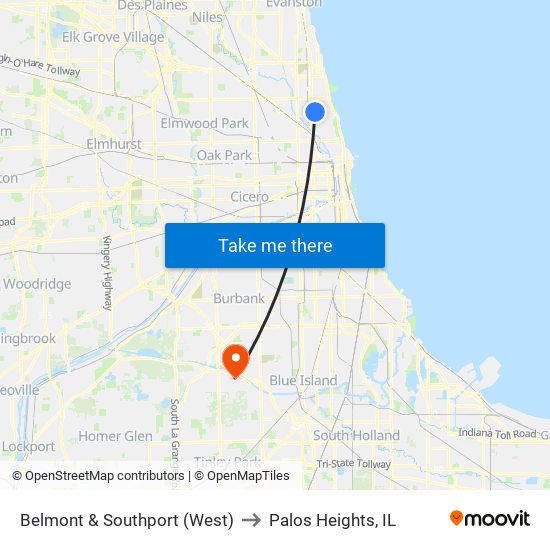 Belmont & Southport (West) to Palos Heights, IL map