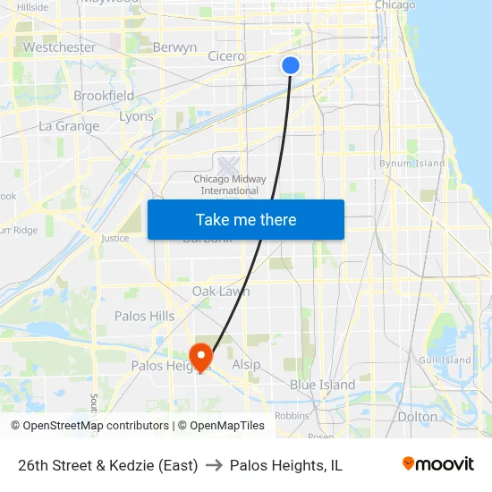 26th Street & Kedzie (East) to Palos Heights, IL map