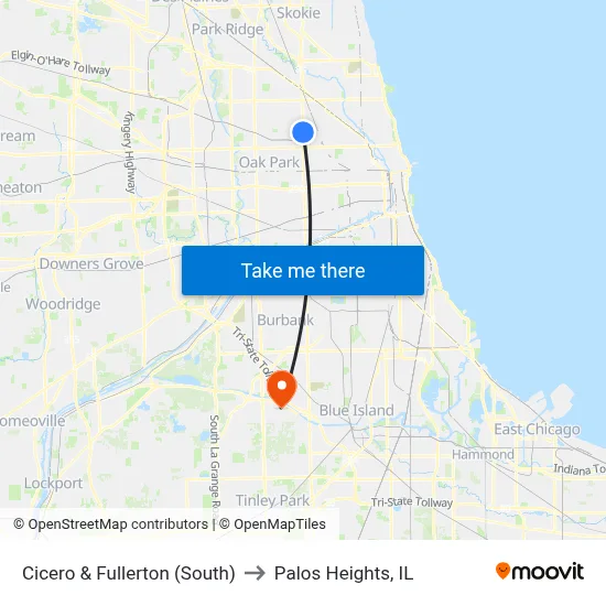 Cicero & Fullerton (South) to Palos Heights, IL map