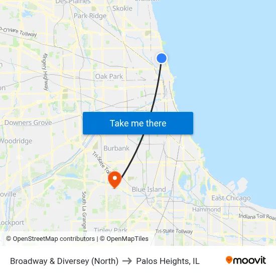 Broadway & Diversey (North) to Palos Heights, IL map