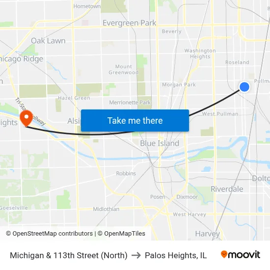 Michigan & 113th Street (North) to Palos Heights, IL map