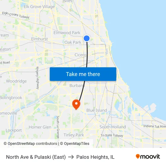 North Ave & Pulaski (East) to Palos Heights, IL map