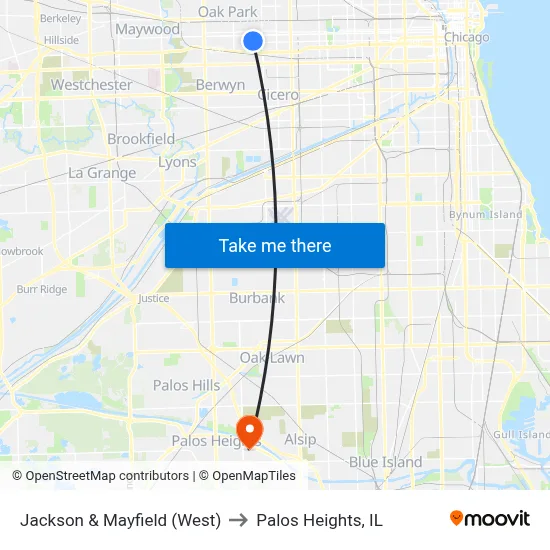 Jackson & Mayfield (West) to Palos Heights, IL map