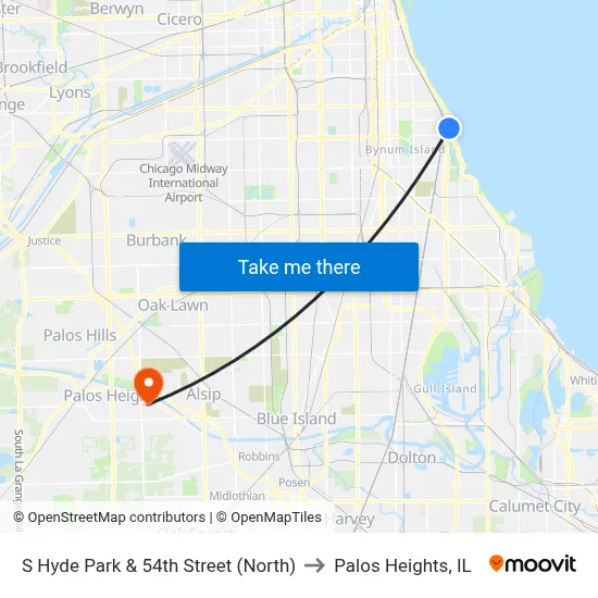 S Hyde Park & 54th Street (North) to Palos Heights, IL map