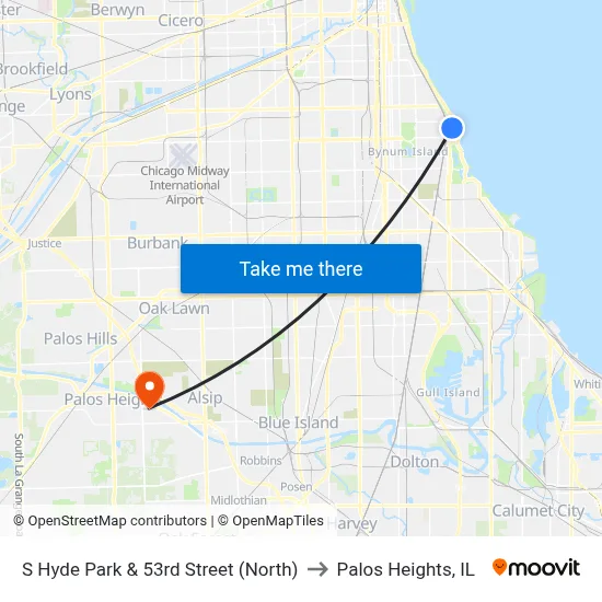 S Hyde Park & 53rd Street (North) to Palos Heights, IL map
