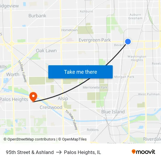 95th Street & Ashland to Palos Heights, IL map