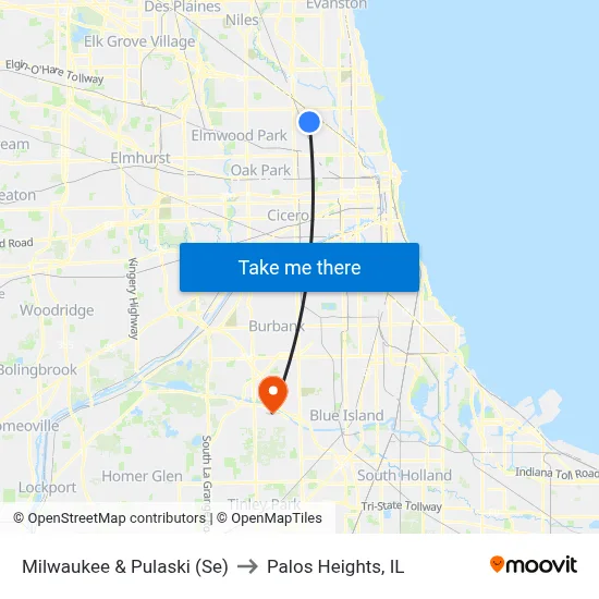 Milwaukee & Pulaski (Se) to Palos Heights, IL map