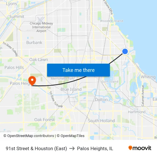 91st Street & Houston (East) to Palos Heights, IL map