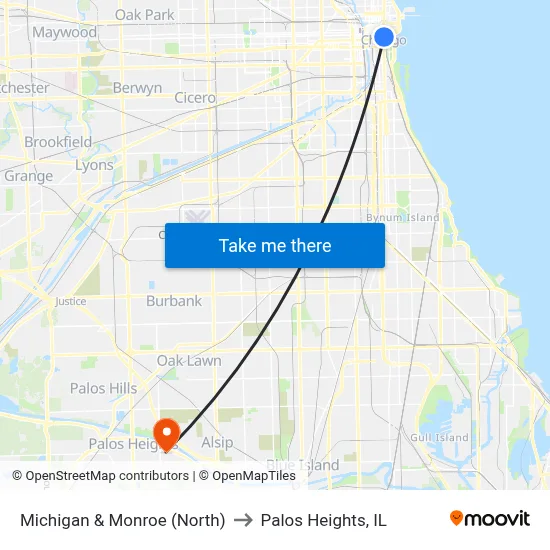 Michigan & Monroe (North) to Palos Heights, IL map