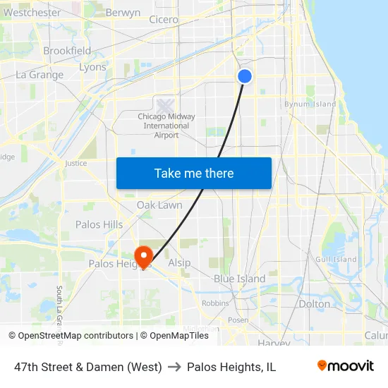 47th Street & Damen (West) to Palos Heights, IL map