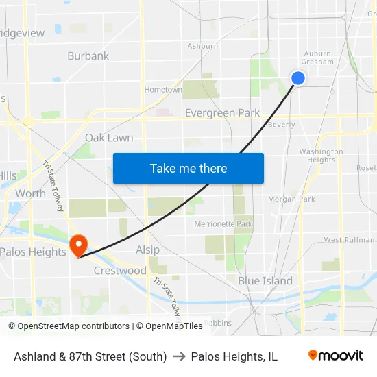 Ashland & 87th Street (South) to Palos Heights, IL map