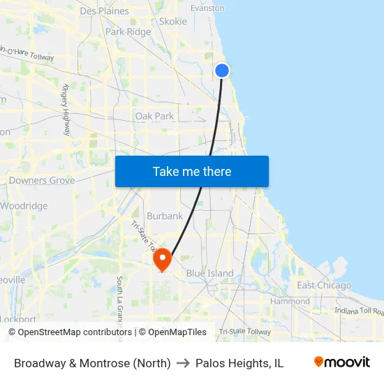 Broadway & Montrose (North) to Palos Heights, IL map