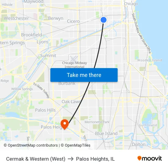 Cermak & Western (West) to Palos Heights, IL map