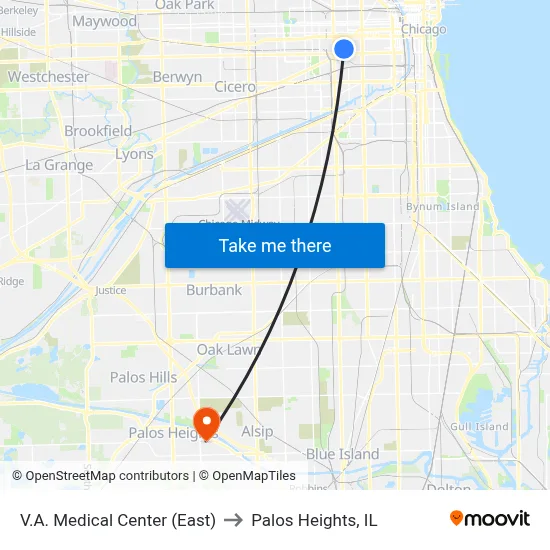 V.A. Medical Center (East) to Palos Heights, IL map