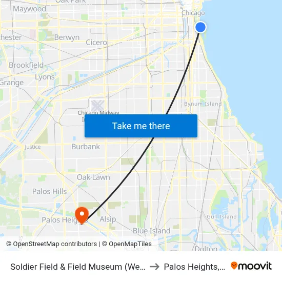 Soldier Field & Field Museum (West) to Palos Heights, IL map