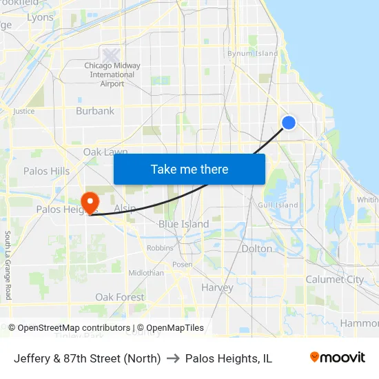 Jeffery & 87th Street (North) to Palos Heights, IL map