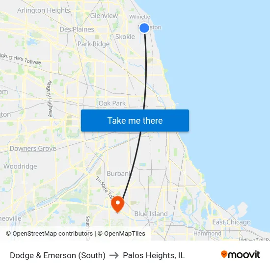 Dodge & Emerson (South) to Palos Heights, IL map