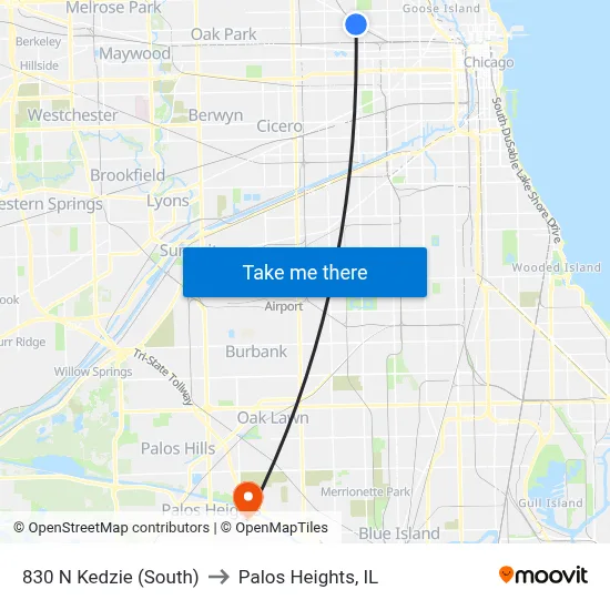 830 N Kedzie (South) to Palos Heights, IL map