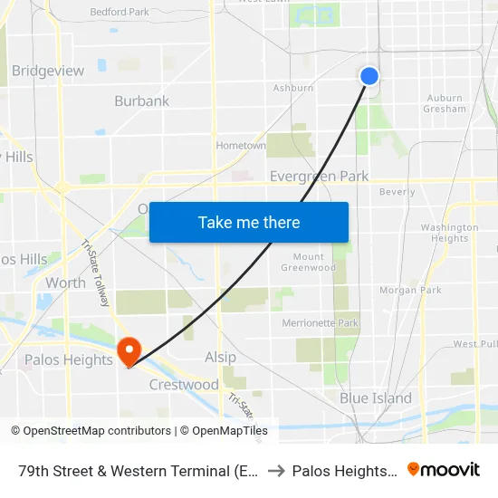 79th Street & Western Terminal (East) to Palos Heights, IL map