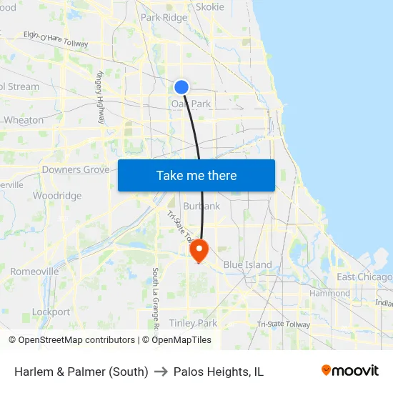 Harlem & Palmer (South) to Palos Heights, IL map