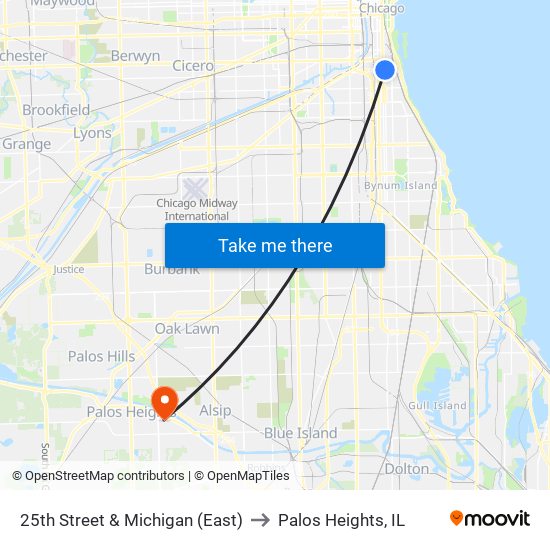 25th Street & Michigan (East) to Palos Heights, IL map